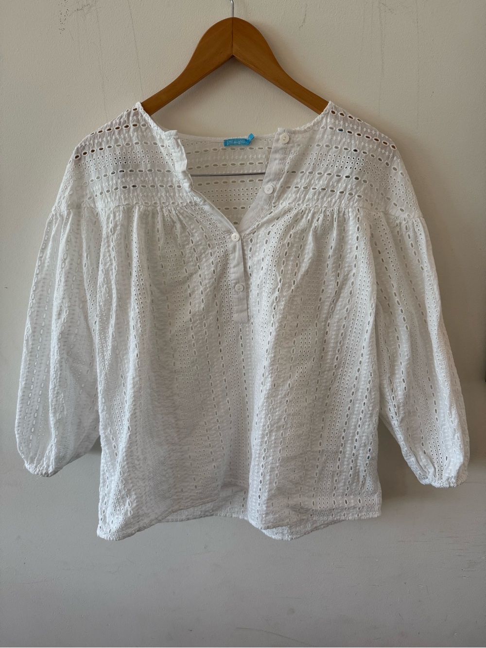 J. McLaughlin White Eyelet Cotton Blouse Balloon Sleeve, Small